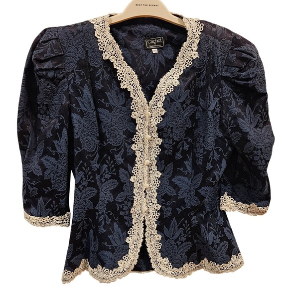 Cachet by Bari Protas Jackets & Blazers - Cachet Bari Protas Navy Blue Floral Lace Trim Blazer Jacket 9 10 Vintage Y2K